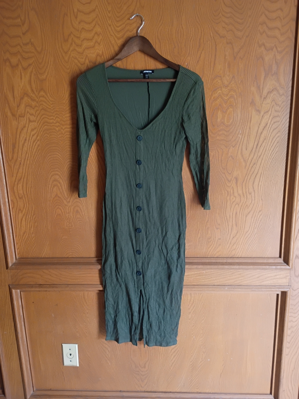 Ribbed Button-Front Midi Dress - Olive Green